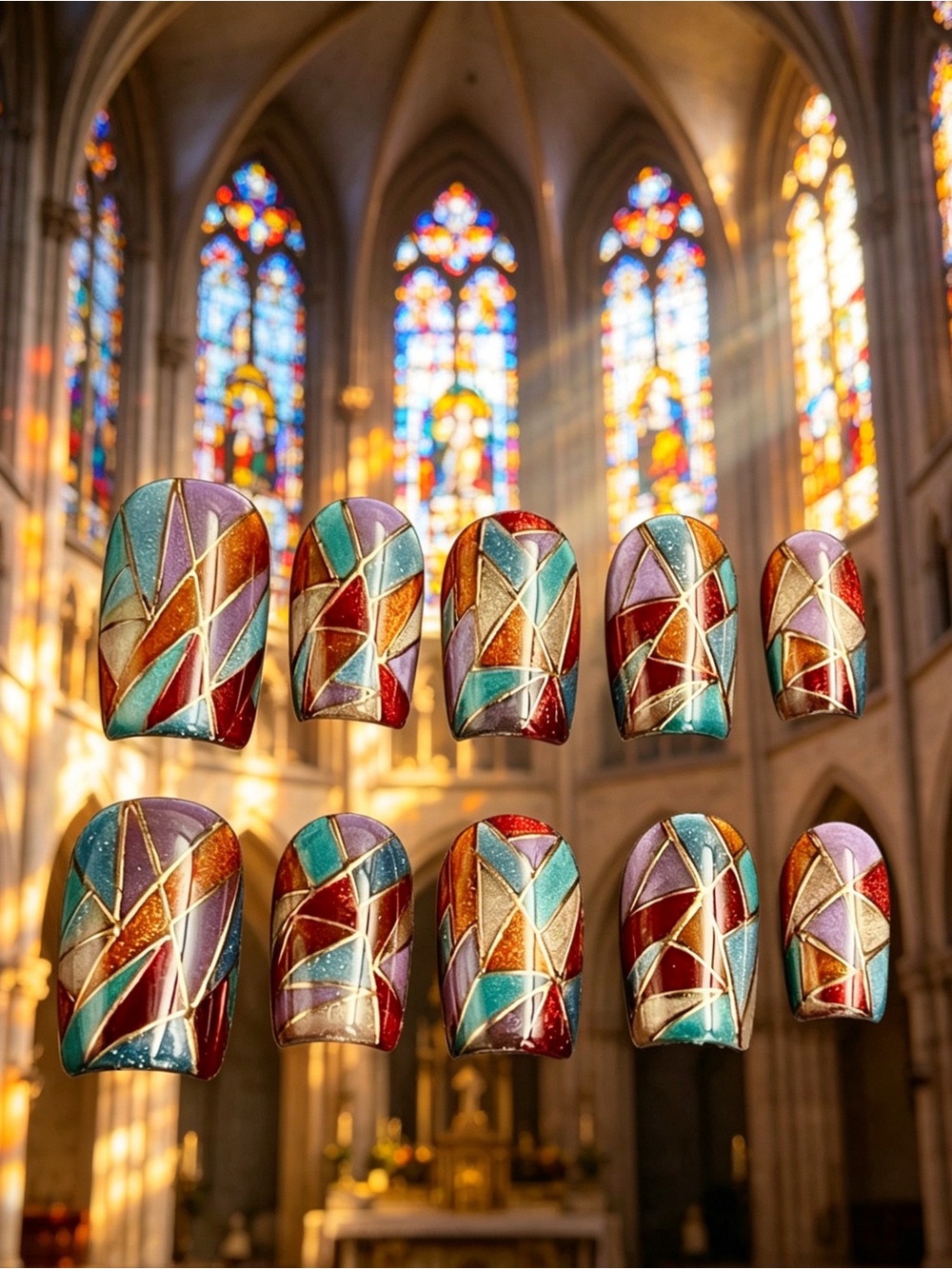 Stained Glass Geometric Press-On Nails - Multicolor（100% Handmade）